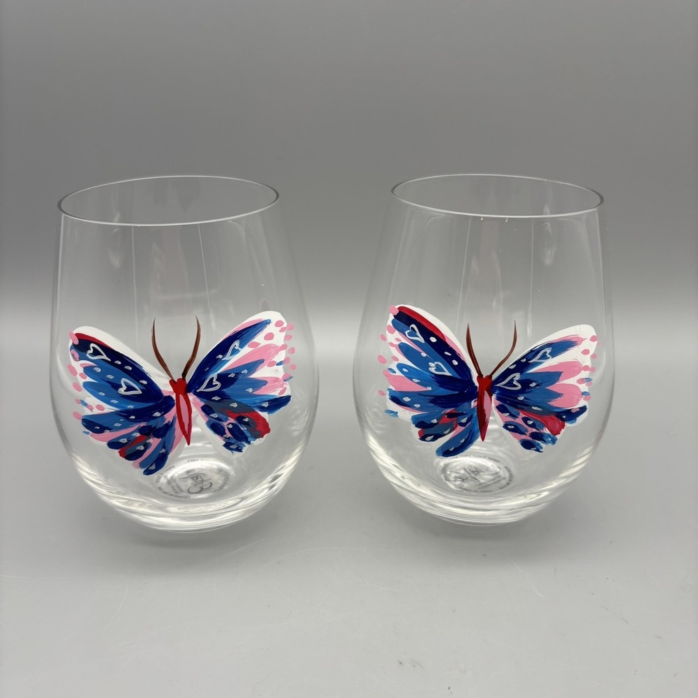 EttaVee Stemless Wine Glasses Hand Painted Butterfly Set Of 2